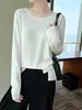 Coleção Outono/Inverno 2026 Transfronteiriça: suéter feminino de lã de malha fina com gola redonda, fecho de amarração lateral, corte solto e tecido fino, perfeito como peça base