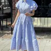 Vestido longo listrado elegante de alta qualidade estilo francês doce com mangas bufantes para mulheres de Dongdaemun, Coreia