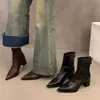 Botines franceses de tacón alto, tacón grueso, punta fina para mujer, colección otoño/invierno 2025, color café, forro de felpa, botas estilo Martin, botines cortos ajustados