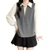 Nova Camisa Feminina Plus Size Primavera 2026 Falsa Duas Peças Color Block Redutora de Idade Manga Longa Camada Superior Afinando