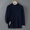 Cardigã bloqueado por cores, grosso, 100% lã pura para homens, com gola semi-alta, zíper, design em tricô e mangas compridas, perfeito para outono e inverno