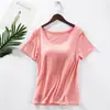 Camiseta Feminina Modal Acolchoada de Manga Curta Copo Tudo-em-Um Cor Lisa Sem Sutiã Yoga Casa Camada Base Top Esportivo