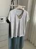 Camiseta Feminina de Algodão Fina para o Verão, Estilo Coreano Relaxado, Patchwork, Falsa Duas Peças, Decote V, Manga Curta, Respirável, Slimming, Estampa de Flocos de Neve