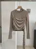 Camiseta KEKEZOON com barra franzida, plissado assimétrico dupla face, acinturada, manga longa, corte justo e modelagem que afina, gola redonda 9104