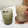 Vaso de Vidrio con Popote, Taza de Café Rayada Verticalmente con Tapa, Vaso de Agua de Bambú para Leche Doméstico, Vaso para Jugo, Vaso para Beber