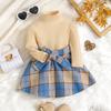 Traje de falda de dos piezas a rayas de manga larga a cuadros para niños pequeños y medianos, Novedades de Otoño e Invierno Transfronterizas de Amazon