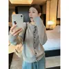 Cárdigan de punto color block con ribete de volantes, nueva colección otoño/invierno 2026 para mujer, cálido, adelgazante, cuello redondo, chaqueta suéter versátil