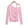 624-25 Novo Estilo Outono Estilo Europeu e Americano Estilo Blogger Ins Um Ombro Inclinado de Uma Linha Cachecol Camiseta de Manga Comprida Plissada para Usar por Baixo