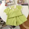 Traje de Manga Corta para Niña Verano Niños 2026 Nuevo Bebé Color Puro Jacquard Casual Dulce Polo Traje de Dos Piezas