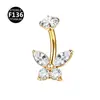 Piercing de umbigo em liga de titânio F136 com pingente de borboleta, rosca interna, joia de piercing brilhante, ouro 18K