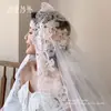Velo de Encaje Retro Francés Largo con Cola Pintura al Óleo Fotografía de Boda Estilo de Maquillaje Tocado de Gama Alta