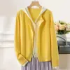 Nuevo Cardigan de Punto Color Block para Mujer Otoño e Invierno 100% Lana, Aspecto de Dos Piezas, con Capucha, Suéter con Capucha, Prenda Base de Cachemira
