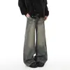 Calça Jeans Patchwork Vintage Lavada para Homens, Calça Longa Reta Solta de Perna Larga Estilo Americano High Street, Jeans de Marca Tendência para Homens