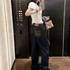 Versão Autêntica 26 Marca da Moda Homem de Palito Bordado de Bolso Jeans Drapeado de Comprimento Total Reto Calça Casual Larga para Baixinhas