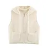 Colete de tricô com zíper e capuz retrô para mulheres, jaqueta curta sem mangas em camadas, suprimento de roupas femininas para outono e inverno