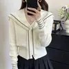 Tejido de cachemira, cuello en V, suéter de punto de manga larga, inspirado en Chanel, de alta gama, gris, cuello azul marino, top estilo chal, conjunto de dos piezas