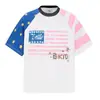 Camiseta Raglan Manga Curta Estampa de Bandeira Color Block Tendência Nacional para Homens e Mulheres, Novo Top de Meia-Manga Soltinho Vintage de Verão para Casais