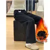 Calça Jeans Wide Leg Preta para Mulheres no Outono e Inverno, Veludo Espessado, Calça Reta Solta, Tamanho Grande com Efeito Emagrecedor, Calça de Cintura Alta Comprimento Total