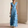 Comercio Exterior Transfronterizo Sitio Independiente de Ropa para Mujer Amazon Color Sólido Plisado Manga Corta Cuello en V Volante Vestido Largo Vestido de Gala