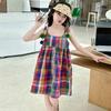 Vestido Versátil Xadrez de Cores Contrastantes para Crianças de Meia-idade e Grandes Estilo Coreano Soltinho Verão Novo Estilo Estilo Princesa Saia de Alça