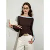 Blusa de tricô JISGN de alta qualidade com blocos de cor retrô canelada ombro a ombro para mulheres, blusa base slim fit para o início do outono