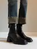 Versión de Piel de Vaca de Botines Franceses de Tacón Grueso Real para Mujer 2025 Nuevos Botines Individuales de Otoño e Invierno Tacón Alto Elásticos Ajustados Botines Chelsea