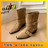 Moda Estilo Coreano Design de Nicho Retrô Botas Curtas que Aumentam a Altura 2026 Novas Botas Western de Bico Quadrado Botas de Cano Médio Botas Femininas que Aumentam a Altura