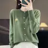 Abrigo Jersey Versátil Manga Larga Cuello Redondo Cardigan de Punto de Terciopelo Andy para Mujer Corte Holgado Bordado de Oso Color Sólido Elegante