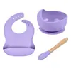 Vajilla para Bebé Tazón de Comida Babero de Silicona Cuchara de Madera Juego de Cena de Tres Piezas Set Especial Anticaídas para Bebé