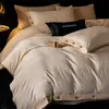 Juego de Cuatro Piezas Jacquard de Algodón Puro Cepillado 60S con Funda de Edredón con Botones y Sábana Bajera, Juego de Tres Piezas de Ropa de Cama de Alta Gama para Dormitorio