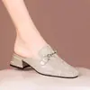 Moda Casual Nueva Primavera/Verano 2026 Zapatos de Mujer Cuadrados con Perlas y Pedrería, Cerrados, Tacón Grueso, Pantuflas, Comercio Transfronterizo