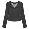 Nuevo Estilo de Principios de Otoño Top de Encaje Empalmado Falso de Dos Piezas para Mujer, Camisa Elegante de Manga Larga con Ceñidor en la Cintura, Camisa Básica Elegante