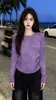 Camiseta de Manga Larga con Cuello Redondo, Tie-Dye Morado Desgastado, Hombro Normal, Corte Ajustado, Fruncida, Estilo Trendy, Individualista, Dulce y Picante, para Mujer, Otoño