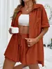 Traje de dos camisas de color liso y shorts de moda transfronterizos AliExpress 2024 para mujer, casual, holgado, de manga corta, de un solo pecho