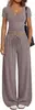 Conjunto de camiseta de cor sólida com decote V slim fit + calça reta de cintura alta com perna larga, conjunto casual de duas peças feminino elástico