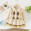 Conjunto de Suéter para Niña con Patrón de Diamantes, Falda de Punto Versátil con Cuello Reversible, Moda Coreana Elegante Vestido Suéter de Princesa, Vintage para Bebés
