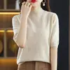 Camisa básica de tricô da moda, versátil para primavera e outono, novo top justo de cinco mangas, gola alta solta, estilo feminino de manga média