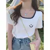 Camiseta de Moda Cuadrada de Manga Corta Rosa Reductora de Edad para Mujer 2026 Verano Nuevo Estilo Empalmada de Color Contrastante Camiseta Básica de Algodón Puro