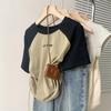 Camiseta de Algodón Puro con Diseño, Cordón Corto, Hombro Derecho para Mujeres en Verano, para Chicas Gordas para Cubrir el Vientre y Lucir Adelgazante, Top de Manga Corta Raglán en Contraste