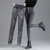 Jeans de Outono e Inverno para Mulheres 2023 Novo Inverno de Cintura Alta Alto e Slim Justo Calças de Perna Pequena Espessas Forradas com Lã