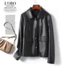 Jaqueta de Couro Feminina, Estilo Curto com Lapela, Rosa, Jaqueta de Couro Estilo Coreano Rejuvenescedora, Novo Modelo Outono e Inverno Haining, Pele de Ovelha