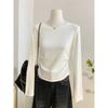 Top Cropped Acinturado Plissado para Mulheres Baixas, Estilo Americano Primavera 2026 Menina Picante Camiseta de Manga Longa Roupa de Baixo Top Tendência
