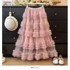 Falda de malla adelgazante de cintura alta AliExpress cintura elástica longitud media hasta la rodilla multicapa con volantes falda tipo pastel súper de hadas