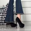 Formal Versátil Ante Negro Impermeable Plataforma Moda Profesional Tacones Altos Femenino Sexy Zapatos de Salón Suela Roja para Mujer