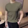 Camiseta de Verano Estilo Coreano Juvenil Ajustada Cuello Redondo Rayas Hombres Transfronteriza Seda de Hielo Ajustada Elástica Delgado Mangas Cortas