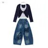 Conjunto de Camiseta de Manga Larga Off-the-Shoulder Falso Dos Piezas Estilo Coreano para Niñas 2026 Pantalones de Pierna Ancha de Mezclilla para Niñas Medianas y Grandes Pantalones Largos
