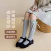 Meias Infantis Estilo Coreano, Meias Longas de Cor Sólida com Laço para Bebês, Meias de Meia-Panturrilha para Roupa de Pequena Princesa, Primavera, Malha Dupla