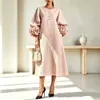 Vestido de Mujer de Longitud Media con Cuello Redondo, Botones, Color Sólido, Patchwork, Mangas de Linterna con Forma de Pétalo, Nuevo para Primavera y Otoño 2026, Transfronterizo Europeo y Americano