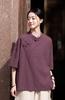 Algodão e Linho Feminino Verão Retrô Chinês Gola Alta Botões Solto Cor Contrastante Manga Curta Blusa Algodão e Linho Feminino Camisa Zen