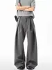 Pantalones de pierna ancha grises plisados de alta gama, unisex, estilo verano, corte limpio, tela fluida, holgados y casuales